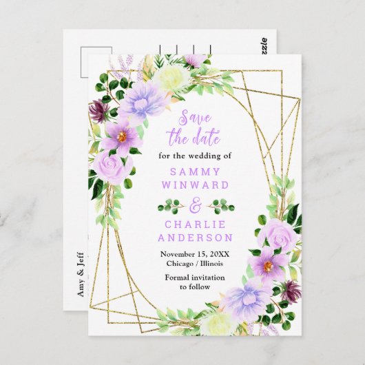 Carte Postale Floral Purple Fleurs Mariage Enregistrer La Date (Devant / Derrière)