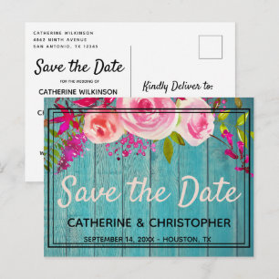 Carte Postale Floral Rose en bois bleu rustique Enregistrer la d