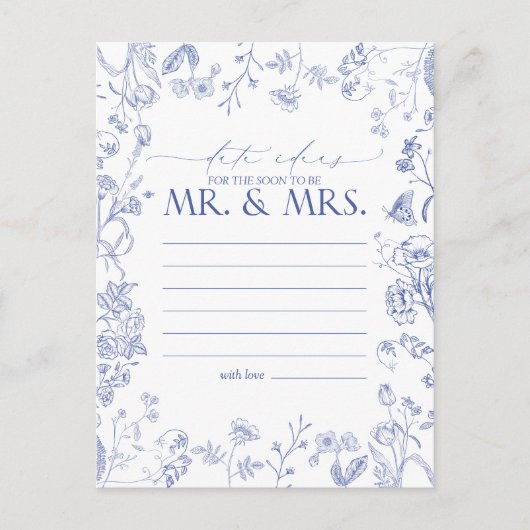 Carte Postale Floral Victorien Bleu & Blanc Français Idées Date (Devant)