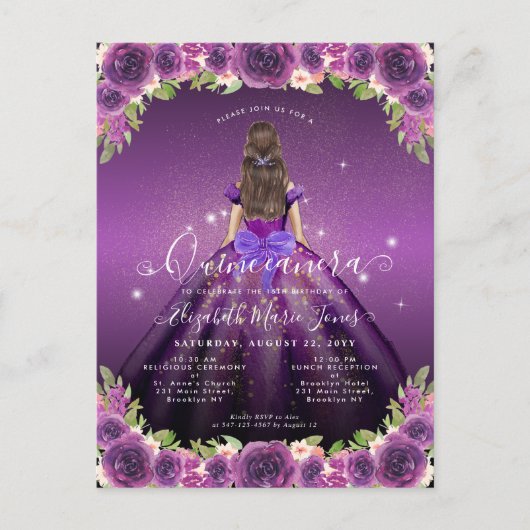 Carte Postale Floral Violet foncé Or Glam Princesse Quinceanera (Devant)