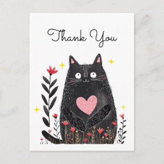 Carte Postale Floral Watercolor Black Cat with Heart Thank You