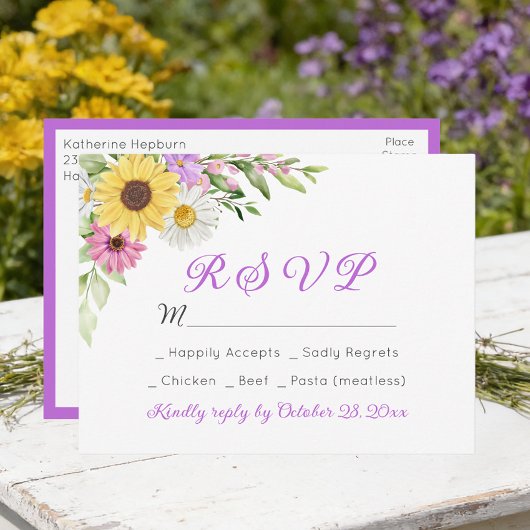 Carte Postale Floral Wedding Wildflower Sunflower Daisy RSVP