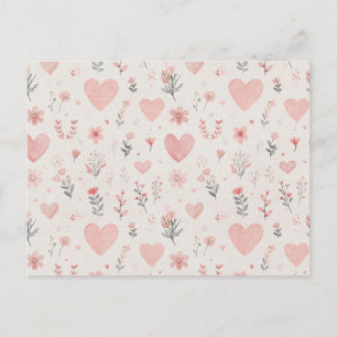 Carte postale florale à cœurs aquarelle douce