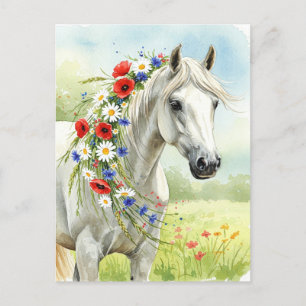 Carte postale florale aquarelle Cheval blanc et fl
