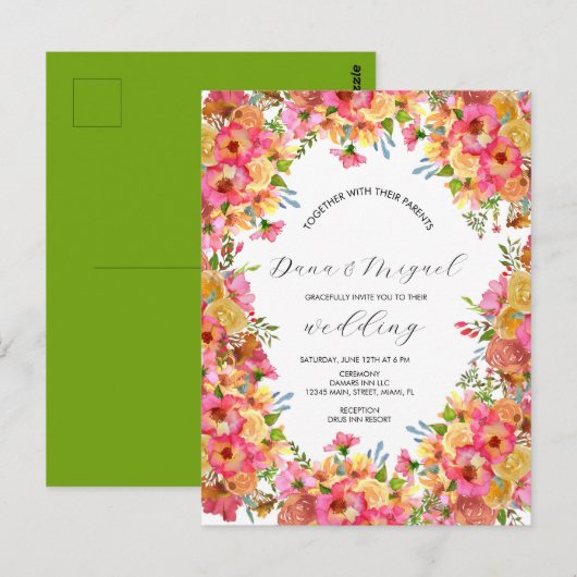 Carte Postale Florales vives rose couleur Mariage d'aquarelle (Devant / Derrière)