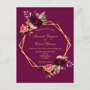Carte Postale floraux bordeaux faire-part de mariage géométrique