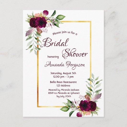 Carte Postale Floraux Bourgogne or verdure boho douche nuptiale (Devant)