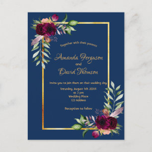 Carte Postale Floraux Bourgogne or vert boho bleu mariage