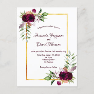 Carte Postale Floraux Bourgogne or vert boho mariage