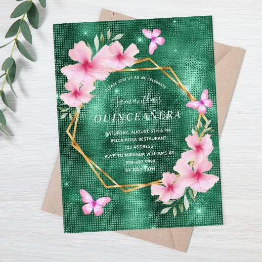 Carte Postale Floraux vert émeraude rose quinceanera