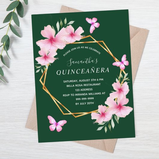 Carte Postale Floraux vert émeraude rose quinceanera