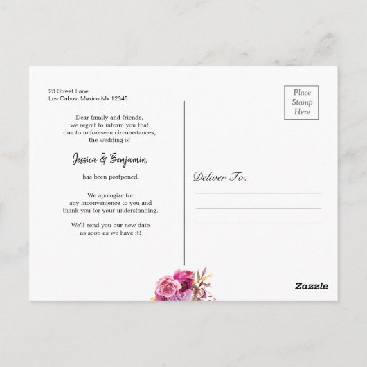 Carte Postale Flore rose en fleurs reportée Modifier la date (Dos)