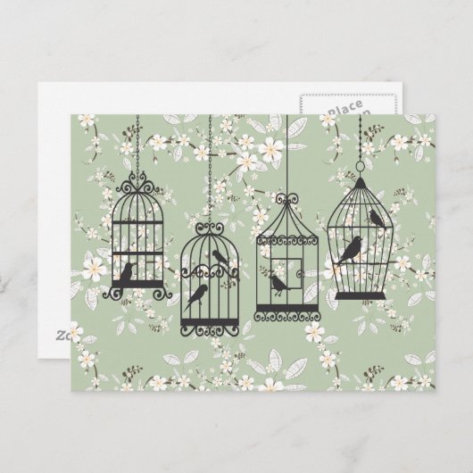 Carte Postale Flore Verte Douce Avec Oiseaux (Devant / Derrière)