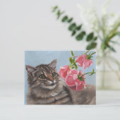 Carte Postale Fluffy Cat et 3 Roses roses (Debout devant)