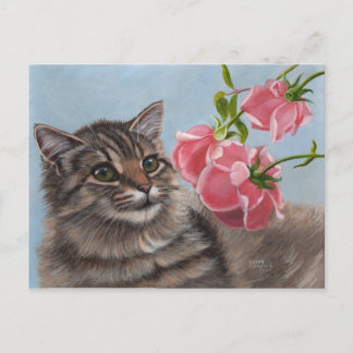 Carte Postale Fluffy Cat et 3 Roses roses