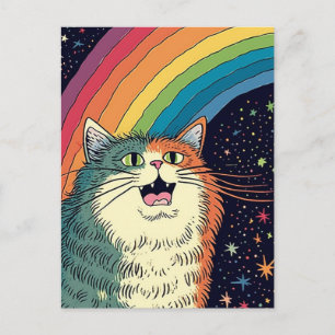 Carte Postale Fluffy Chat dans l'espace avec arc-en-ciel