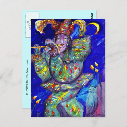 Carte Postale FLUTISTE EN BLEU / Soirée Carnaval vénitien (Devant / Derrière)