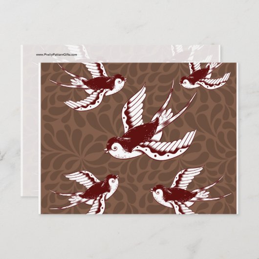 Carte Postale Flying Birds on Brown Damask Pattern (Devant / Derrière)