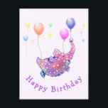 Carte Postale Flying Elephant Funny Birthday Card<br><div class="desc">Cartes d'Anniversaire avec un éléphant étoilé mignonne Volant avec des ballons colorés - Animaux amusants Cartoon Peinture - Choisissez / Ajoutez votre texte unique / Nom / Couleur - Faites votre cadeau de carte d'Anniversaire spécial - Redimensionnez et déplacez ou ajoutez des éléments / texte avec outil de personnalisation! Peinture...</div>