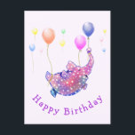 Carte Postale Flying Elephant Funny Birthday Card<br><div class="desc">Cartes d'Anniversaire avec un éléphant étoilé mignonne Volant avec des ballons colorés - Animaux amusants Cartoon Peinture - Choisissez / Ajoutez votre texte unique / Nom / Couleur - Faites votre cadeau de carte d'Anniversaire spécial - Redimensionnez et déplacez ou ajoutez des éléments / texte avec outil de personnalisation! Peinture...</div>