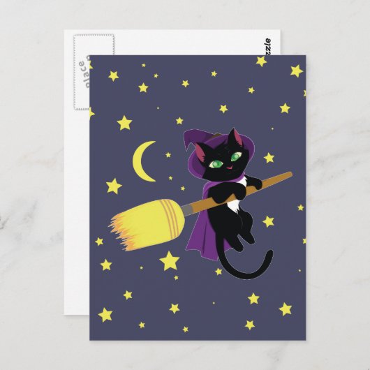 Carte Postale Flying Witch Cat (Devant / Derrière)