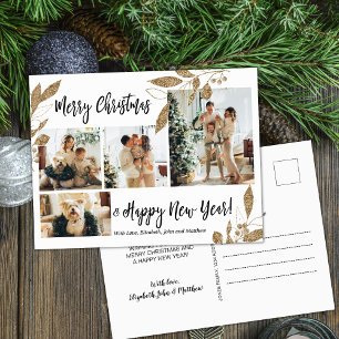 Carte Postale Foliage d'or moderne 4 Photo Collage de Noël Post