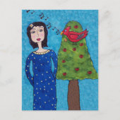 Carte Postale Folk Art Lady Apple Tree Red Bird Notes musicales (Devant)