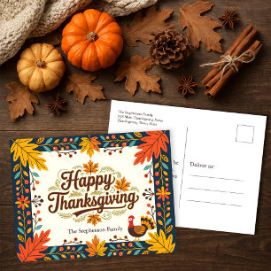 Carte Postale Folk Art Rustic Automne quitte Thanksgiving