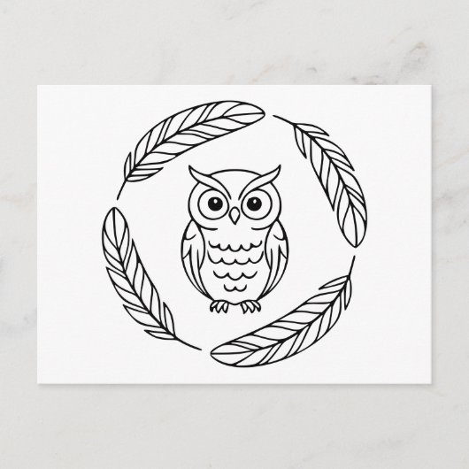 Carte Postale Folk Owl Line Art entouré de plumes (Devant)