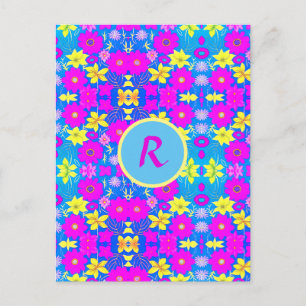 Carte Postale Fond à motif de fleurs rose bleu jaune ajouter nom