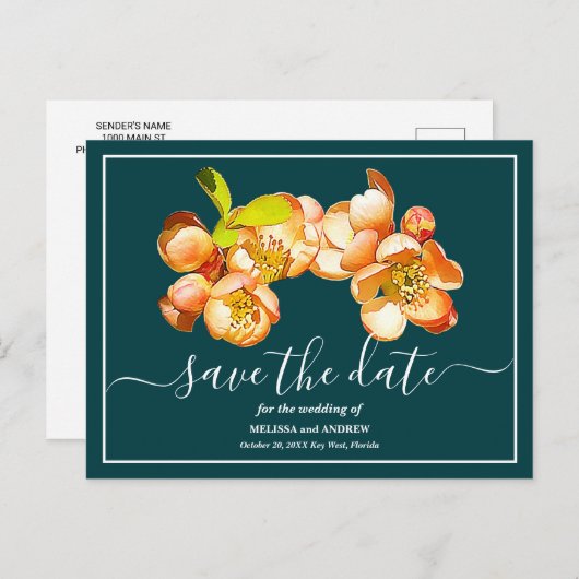 Carte Postale Fond de teinte sarcelle orange coing Save The Date (Devant / Derrière)