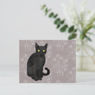Carte Postale fond floral de chat noir