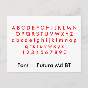 Carte Postale Font = Futura Md BT alphabet letters, digits