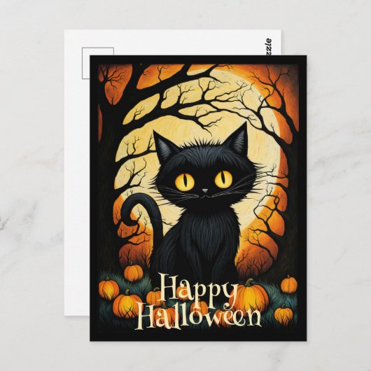 Carte Postale Forêt Citrouille de chats noirs Halloween heureux (Devant / Derrière)