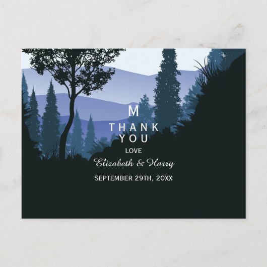 Carte Postale Forêt de bois bleu, Merci Mariage rustique (Devant)