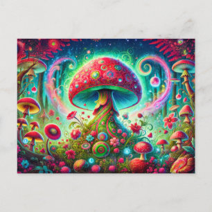Carte Postale Forêt de champignons fantastiques aux couleurs psy