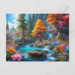 Carte Postale Forêt de fantaisie enchantée, cascade, fleurs 