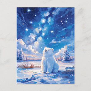 Carte Postale Forêt de pins enneigée Ours polaire Nuit d'hiver