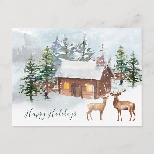 Carte Postale Forêt d'hiver, cerf, cabine de bois Noël (Devant)