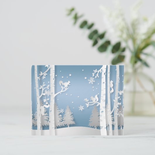 Carte Postale Forêt d'hiver coupée en papier et écureuils Noël (Debout devant)