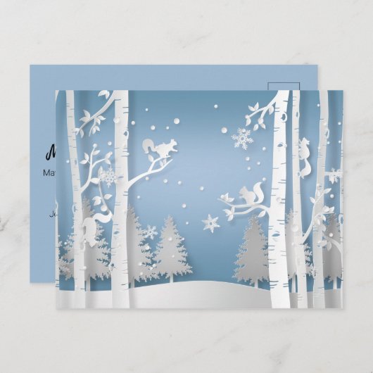 Carte Postale Forêt d'hiver coupée en papier et écureuils Noël (Devant / Derrière)