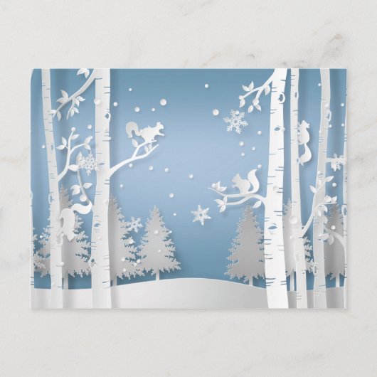 Carte Postale Forêt d'hiver coupée en papier et écureuils Noël (Devant)