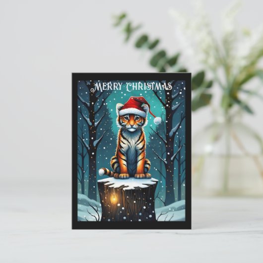 Carte Postale Forêt d'hiver Cute bébé Tiger Père Noël Noël (Debout devant)