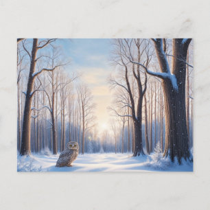 Carte Postale Forêt d'hiver recouverte de neige et de hibou