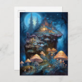 Carte Postale Forêt enchantée Champignons Château Imaginaire Art (Devant / Derrière)