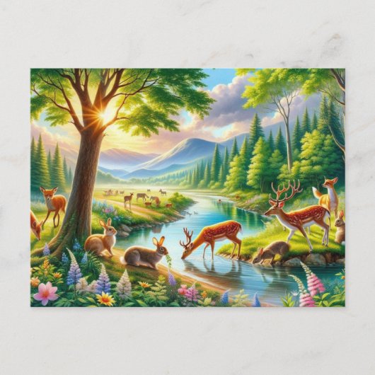 Carte Postale Forêt enchantée sereine avec animaux Peinture (Devant)