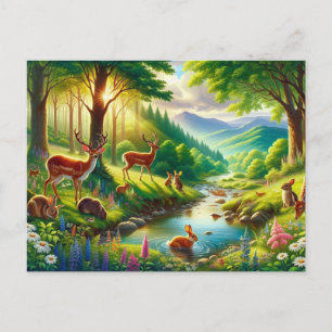 Carte Postale Forêt enchantée sereine avec animaux Peinture