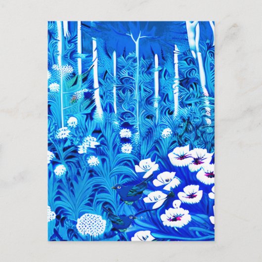 Carte Postale Forêt fantastique avec fleurs et oiseaux (Devant)