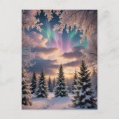 Carte Postale Forêt hivernale neige, cristaux de glace, aurores (Devant)