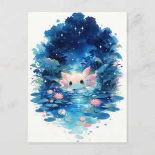 Carte Postale Forêt Indigo Lumineuse Étang de l'Axolot Kawaii